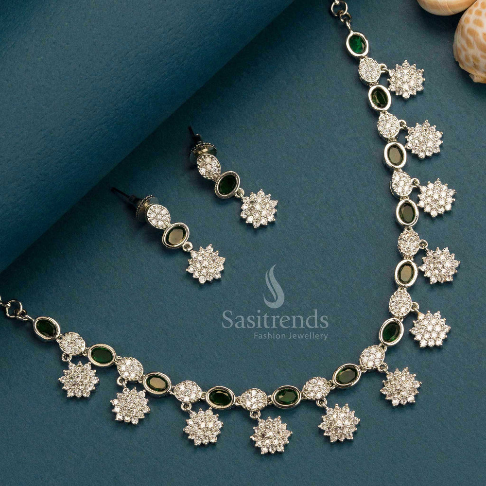 Chic Green Floral Necklace Set with American Diamond Stones - Rhodium Silver Plated Trendy Party Wear Jewelry - Sasitrends