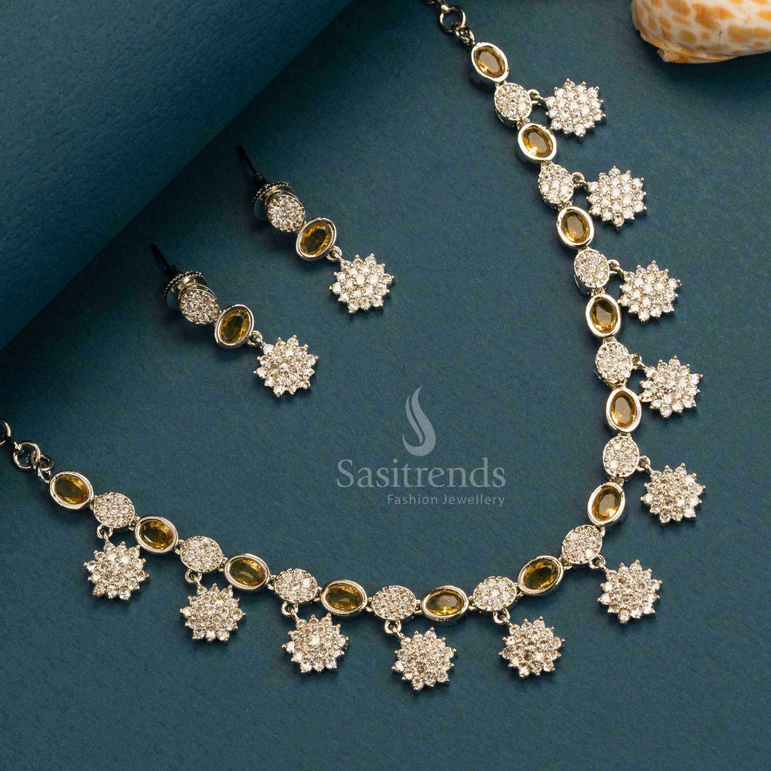 Trendy Party Wear Rhodium Silver And Rose Gold Plated Floral Necklace Jewellery Set and American Diamond Stones for Women Online Shopping