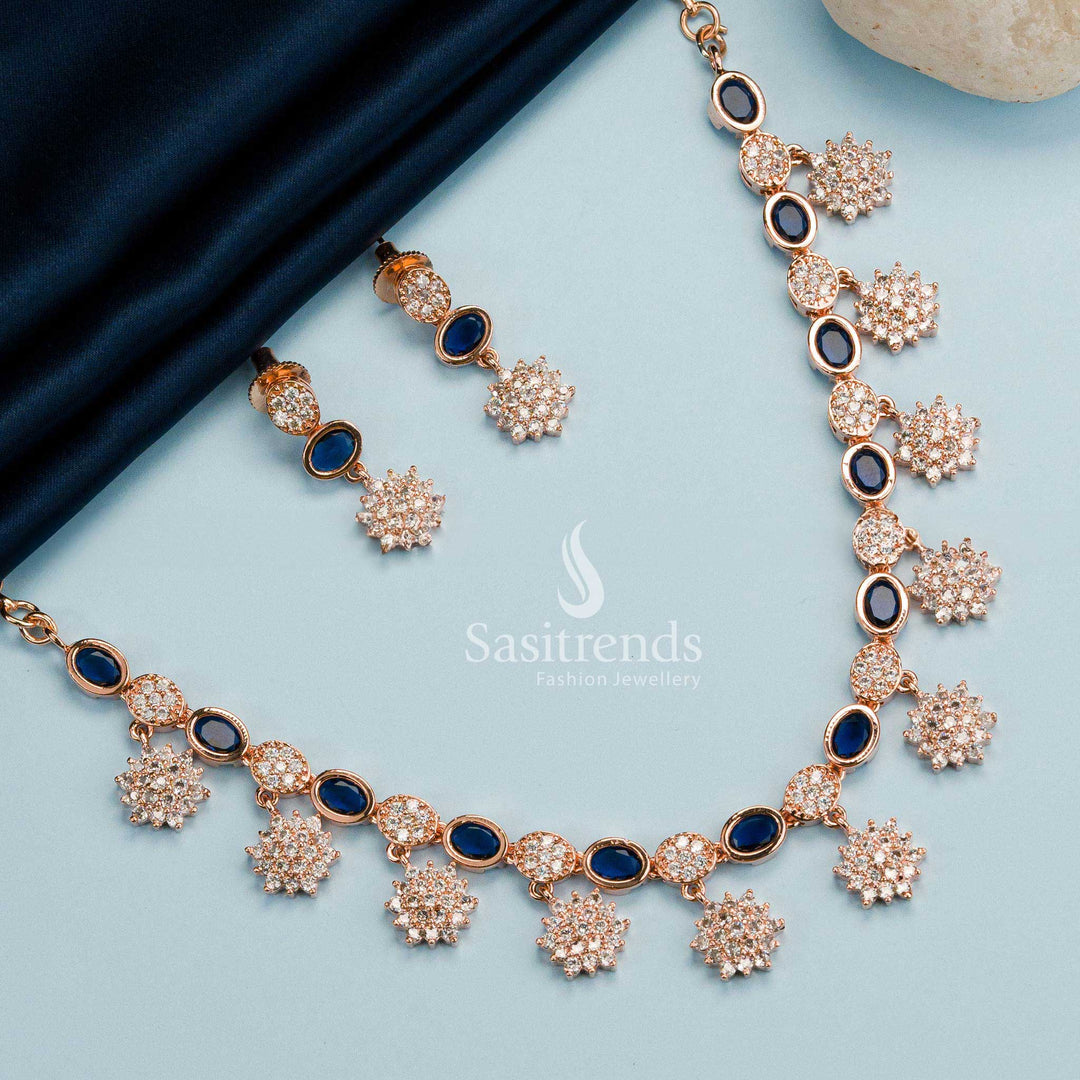 Ocean Blue Bliss! Rose Gold Plated Floral Necklace Set with American Diamond Stones - Trendy Party Wear