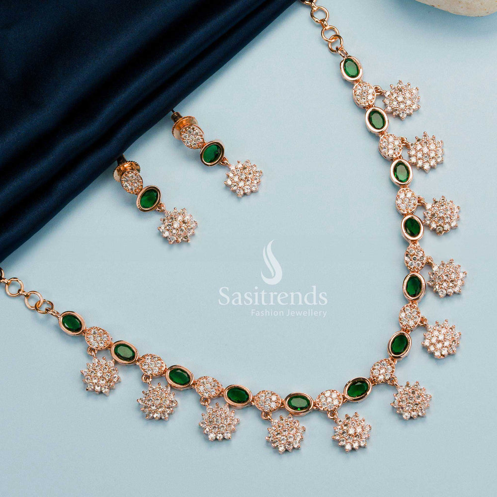 Green Glamour! Rose Gold Plated Necklace with American Diamond Stones - Trendy Party Wear for Women - Sasitrends