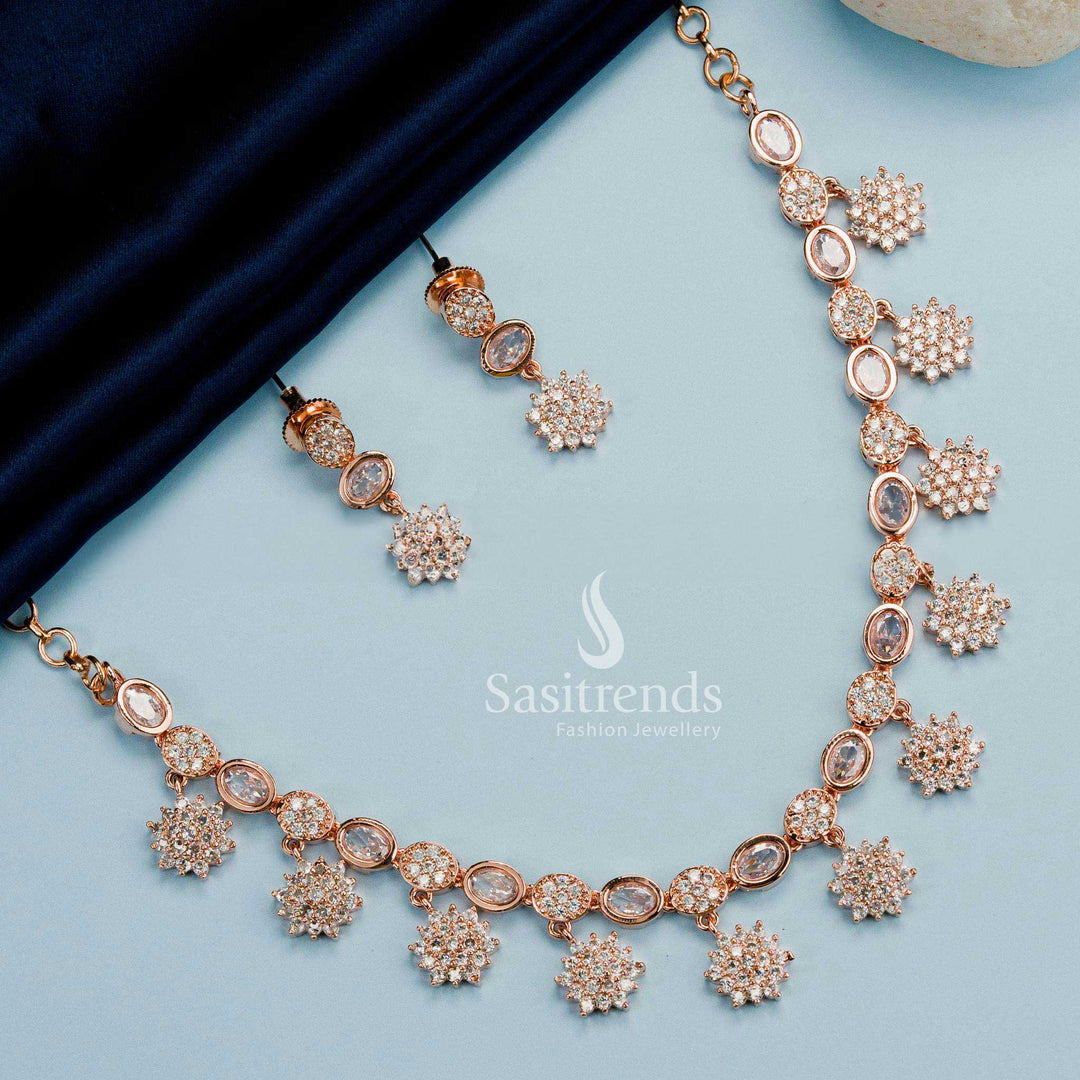 Rhodium Silver and Rose Gold Plated American Diamond Necklace Set