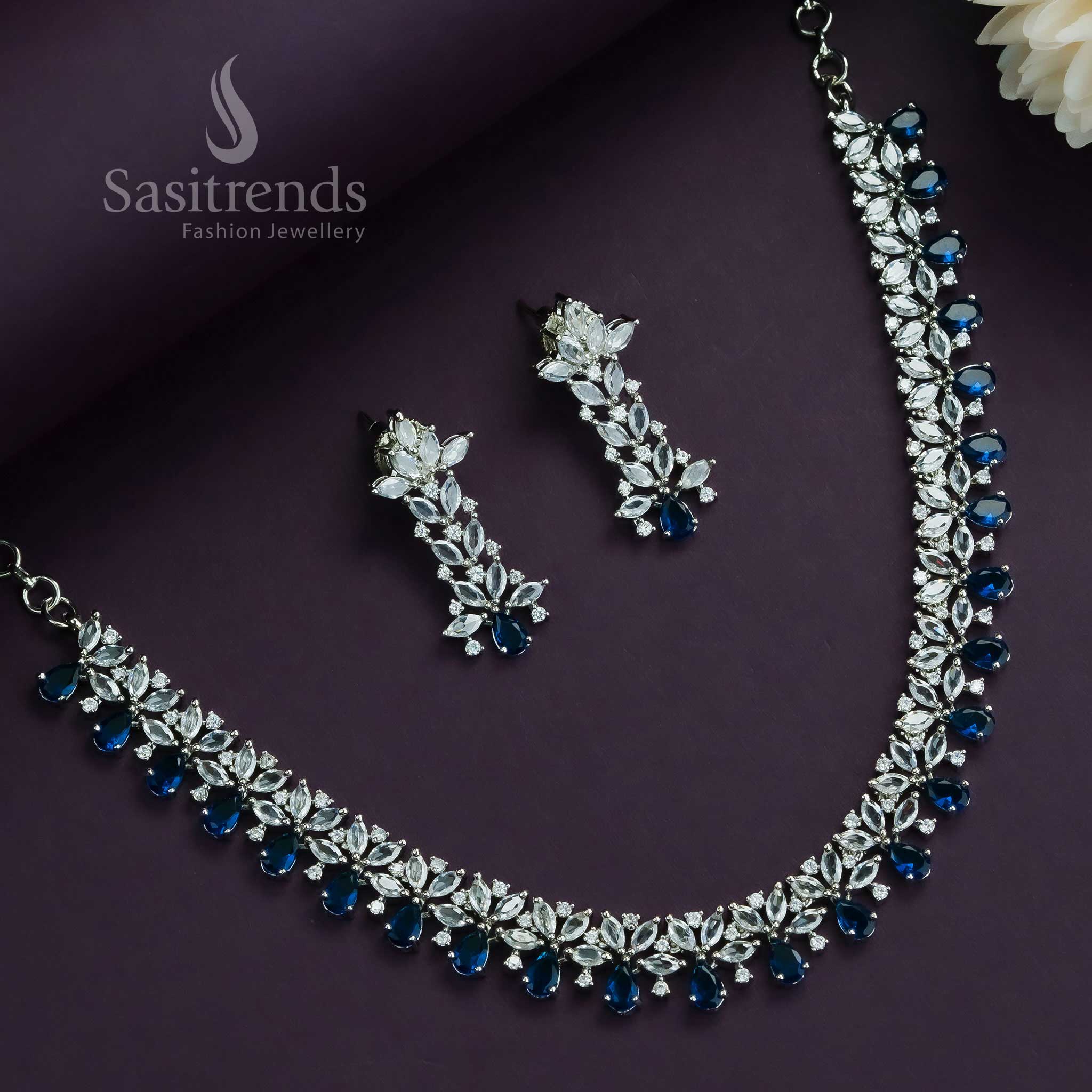 Deep ocean blue rhodium silver floral jewellery set for women, enriched with sparkling diamond stones and cool-toned elegance – Sasitrends