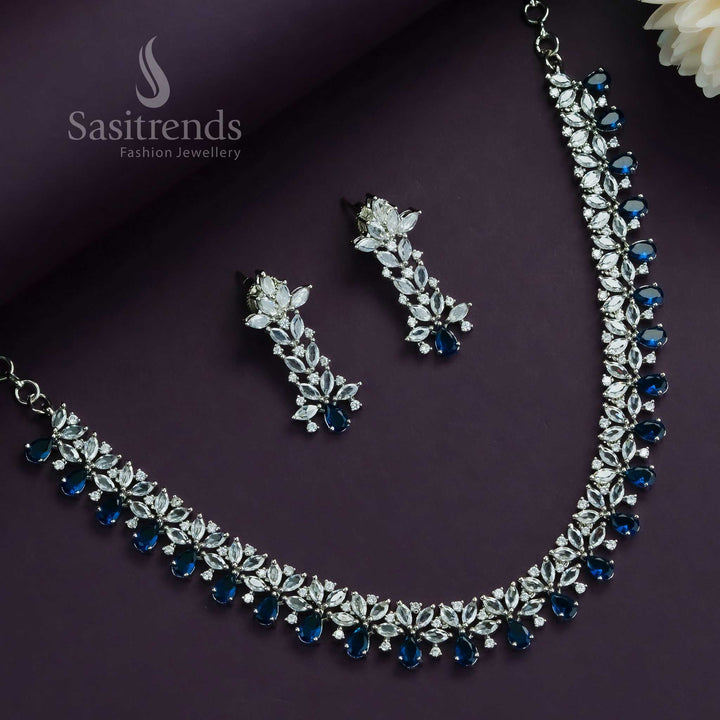Deep ocean blue rhodium silver floral jewellery set for women, enriched with sparkling diamond stones and cool-toned elegance – Sasitrends