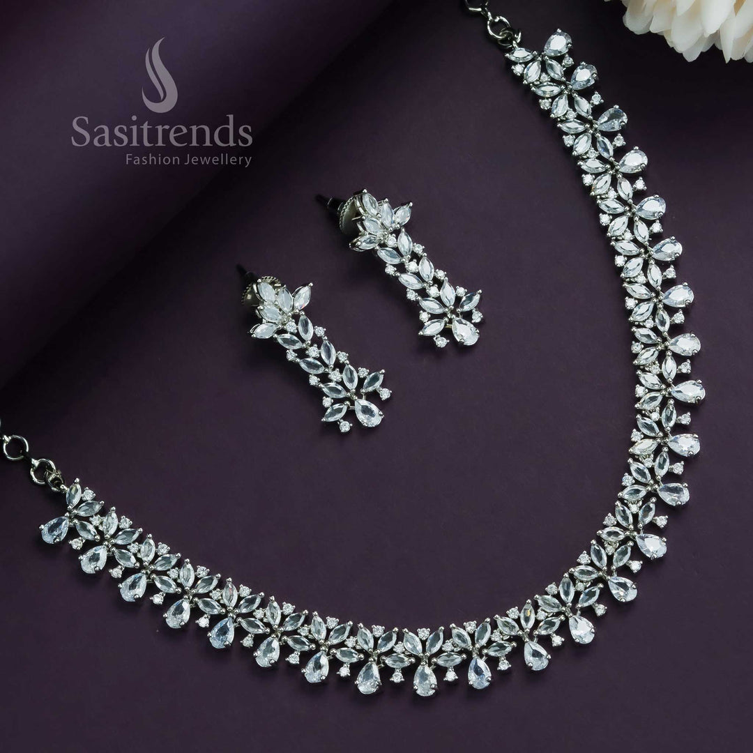 Classic white rhodium plated floral jewellery set for women, enhanced with sparkling diamond details for elegant celebrations – Sasitrends

