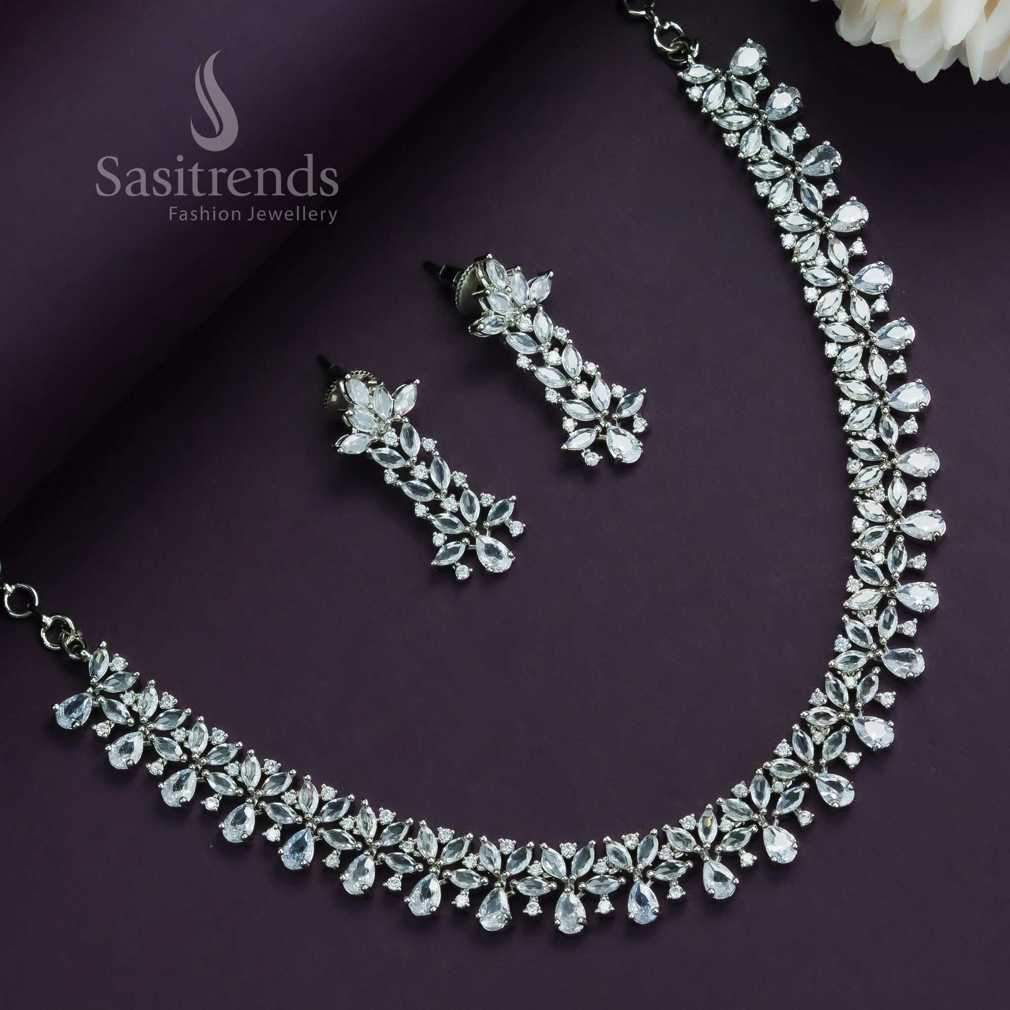 Classic white rhodium plated floral jewellery set for women, enhanced with sparkling diamond details for elegant celebrations – Sasitrends


