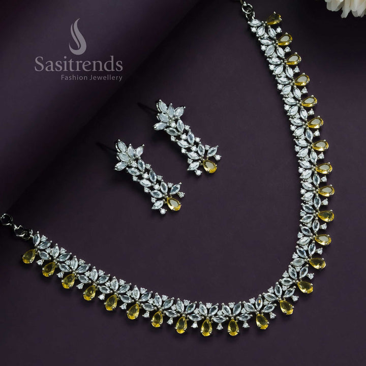 LCD yellow floral jewellery set in rhodium silver finish, paired with American diamonds for a vibrant and radiant party look – Sasitrends