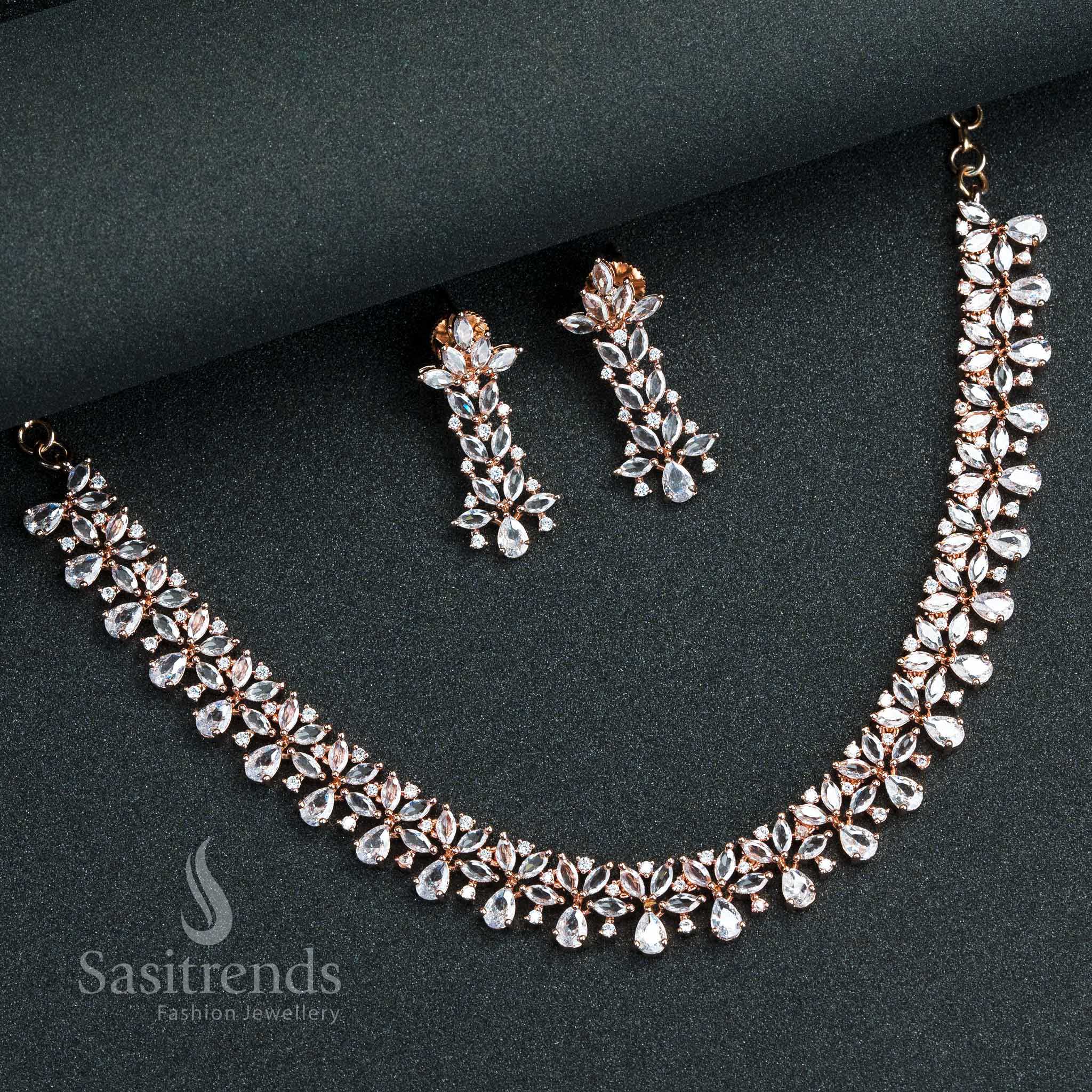 Elegant white rose gold plated floral jewellery set with American diamond stones, designed for sophisticated party style – Sasitrends