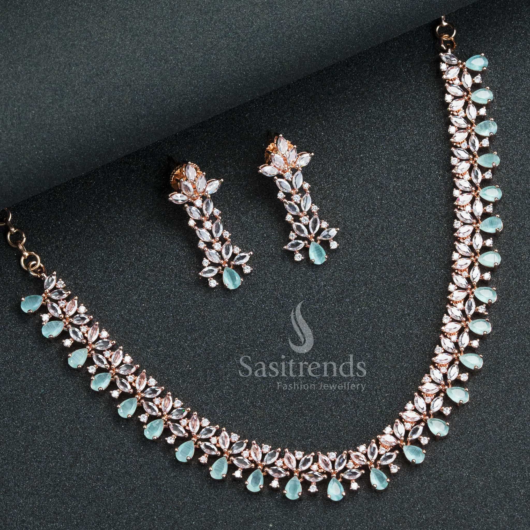Mint green floral party wear jewellery set in rose gold with American diamonds, inspired by fresh spring elegance – Sasitrends