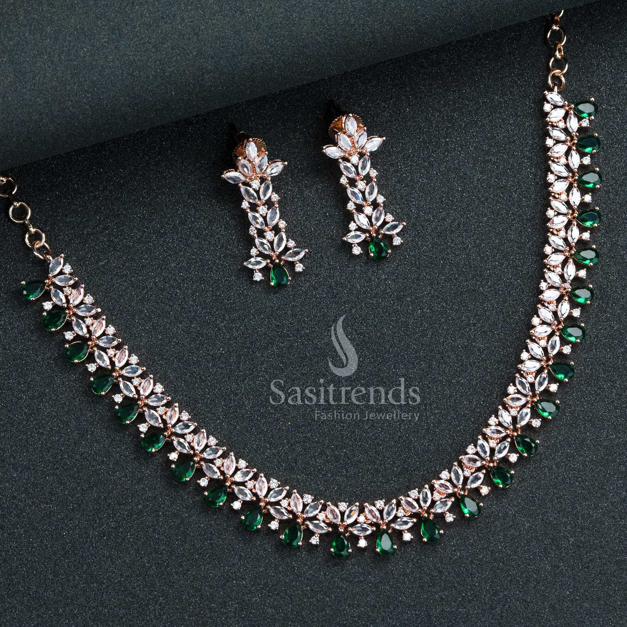 Lush green floral jewellery set in rose gold finish, ideal for festive evenings with glistening stone sparkle – Sasitrends
