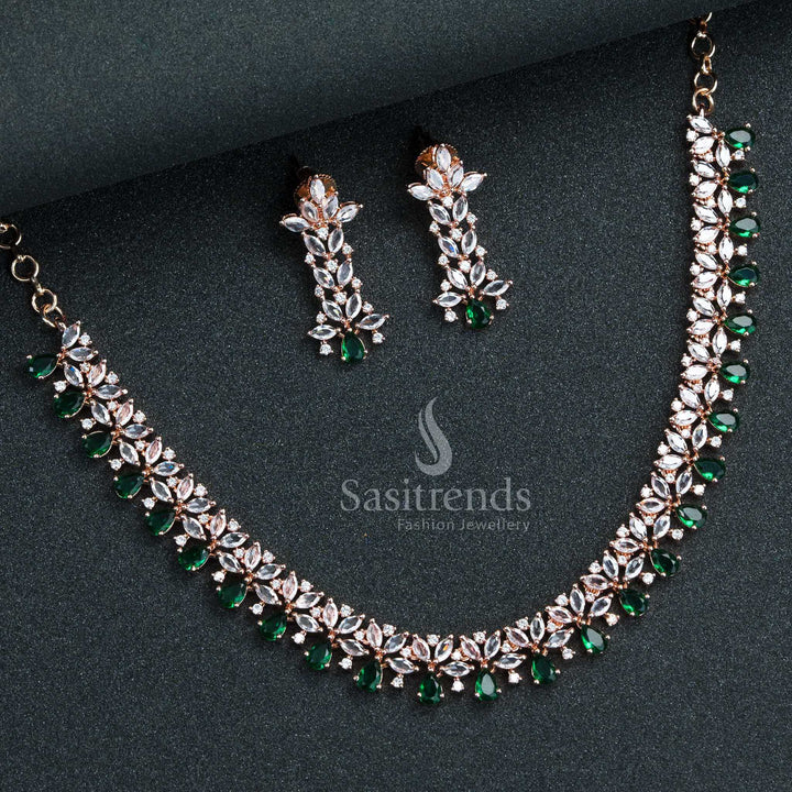 Lush green floral jewellery set in rose gold finish, ideal for festive evenings with glistening stone sparkle – Sasitrends