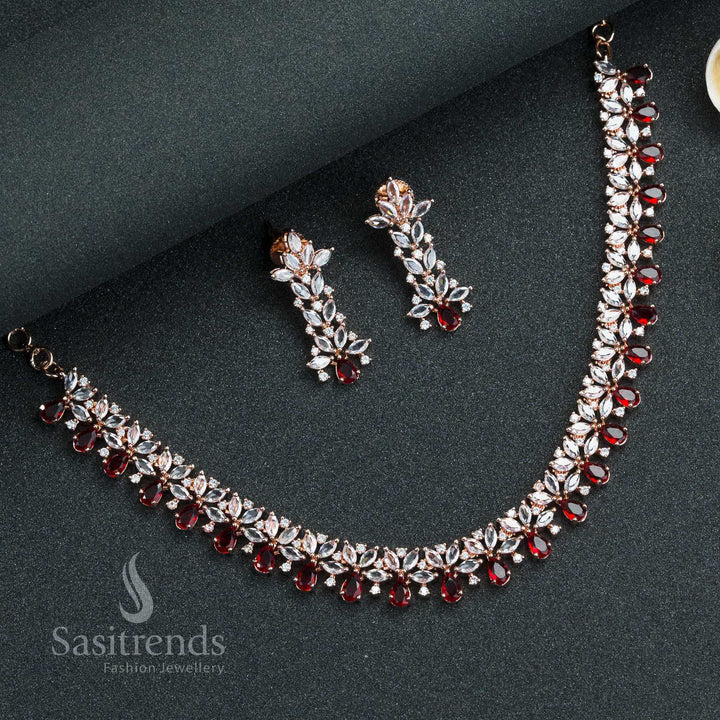 Scarlet red floral jewellery set in rose gold, accentuated with statement American diamonds for glamorous party looks – Sasitrends