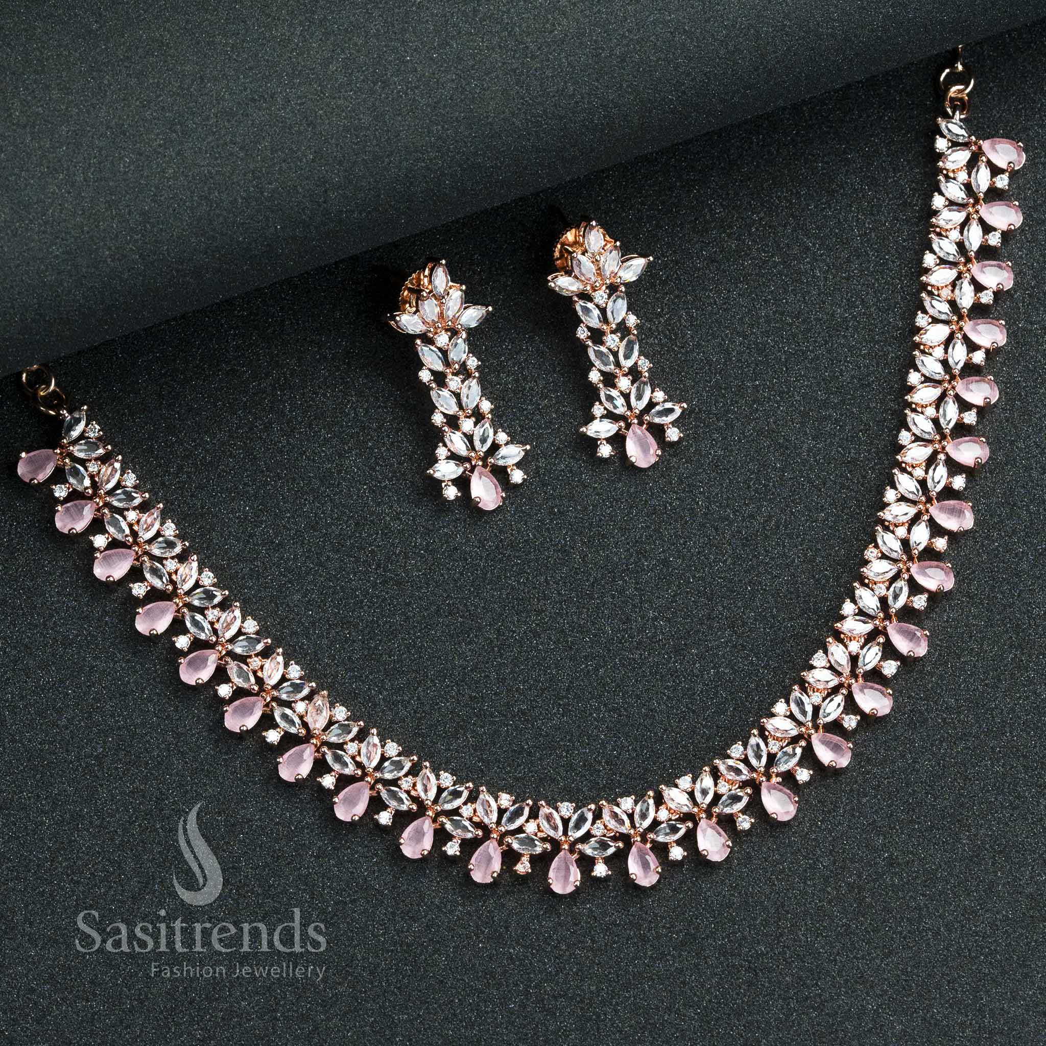 Blush pink floral jewellery set in rose gold plating with subtle American diamonds, perfect for soft and delicate party vibes – Sasitrends