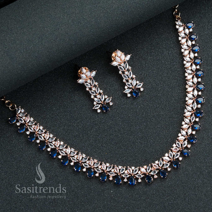 Ocean blue rose gold plated floral jewellery set with glowing stones, offering understated elegance for evening wear – Sasitrends


