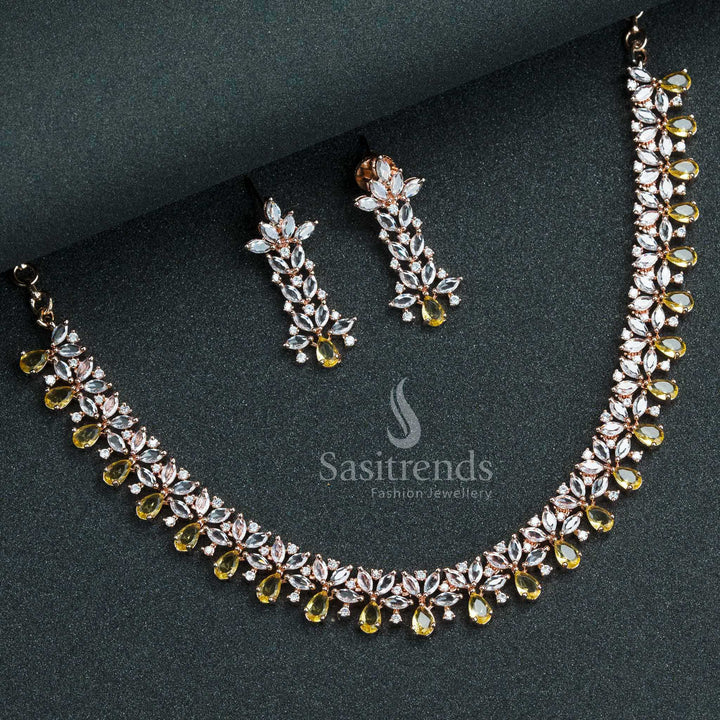 Bright LCD yellow floral jewellery set in rose gold finish with American diamonds and floral highlights, ideal for vibrant celebrations – Sasitrends