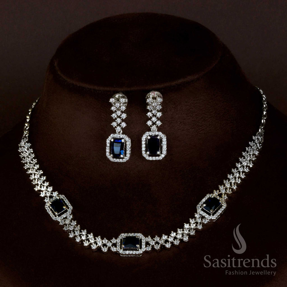 Rhodium Necklace in Blue Stones - Trendy Party Wear with American Diamond Accents - Women's Jewellery Set - Sasitrends