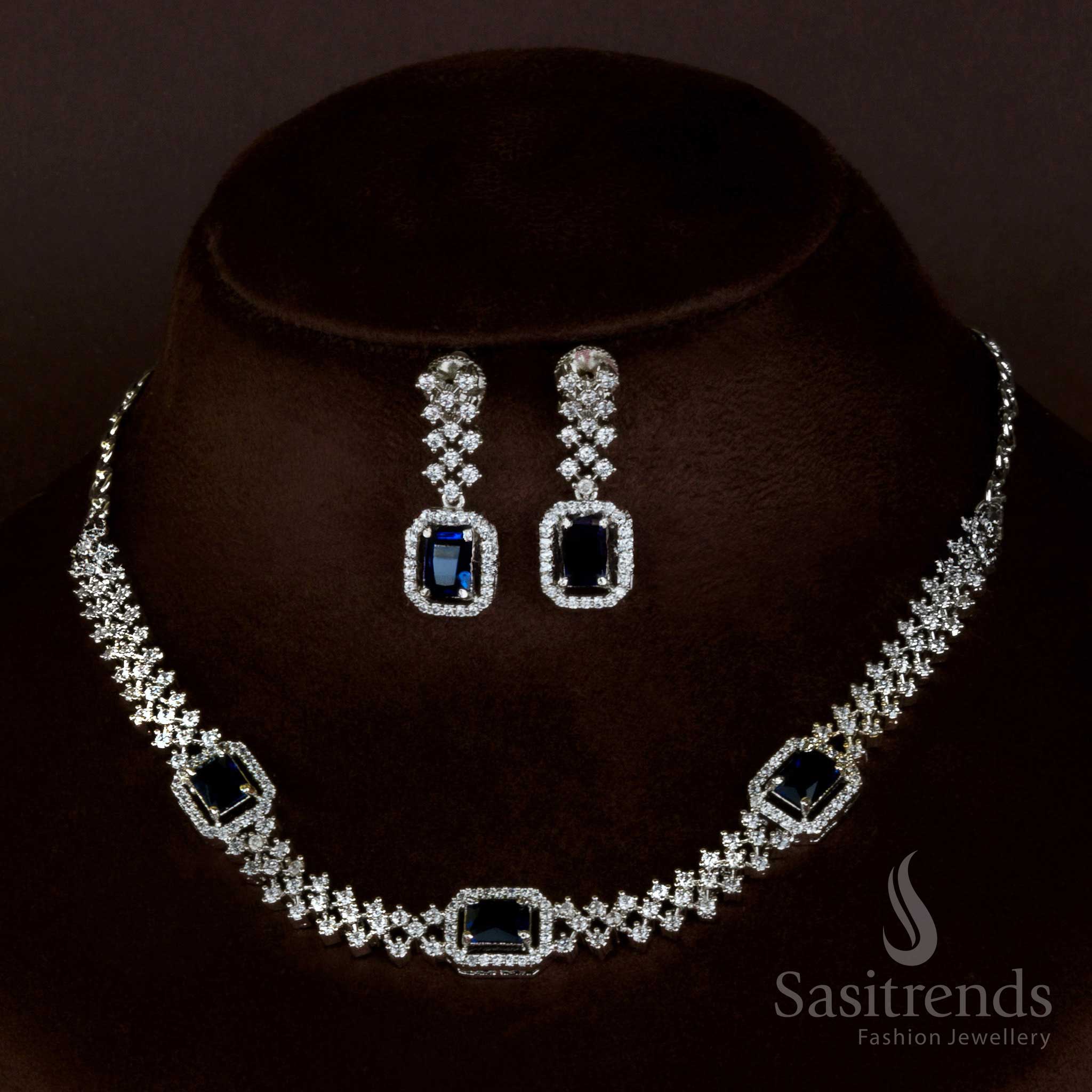 Rhodium Necklace in Blue Stones - Trendy Party Wear with American Diamond Accents - Women's Jewellery Set - Sasitrends