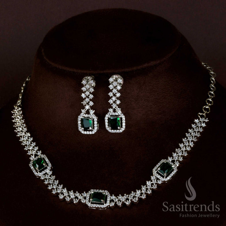 Green Radiance Rhodium Necklace - Party Wear Jewellery Set with American Diamond Accents - Online Shopping Delight