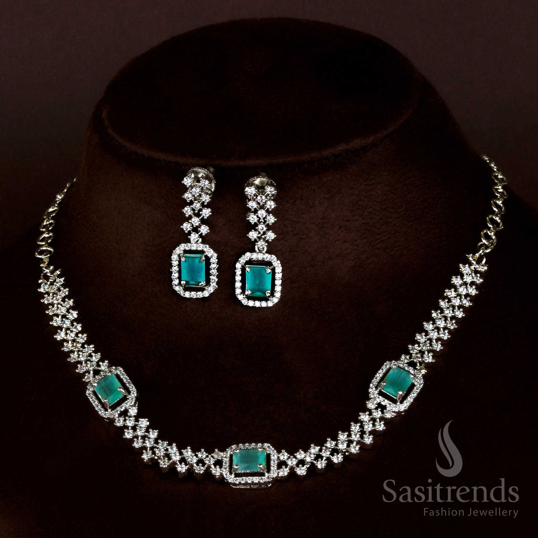 Trendy Rhodium Necklace with Mint Stones - Party Wear Jewelry Set, American Diamond Accents for Women - Sasitrends