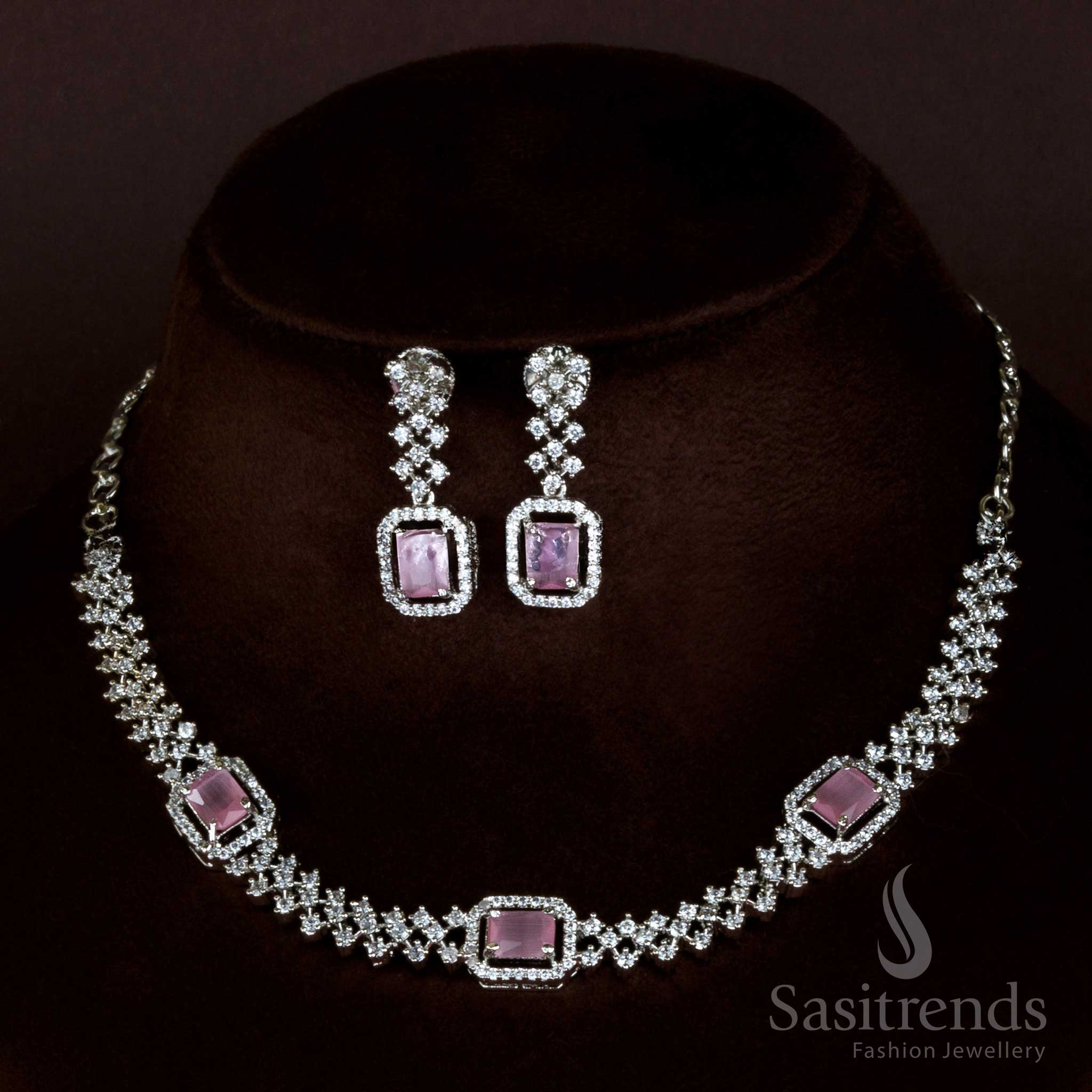 Pretty in Pink: Rhodium Necklace with American Diamond Stones - Trendy Party Wear for Women - Online Shopping - Sasitrends
