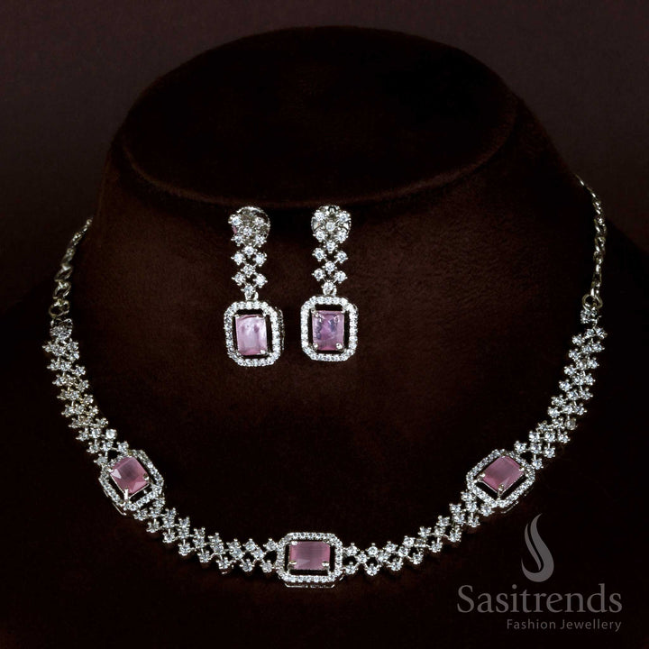 Pretty in Pink: Rhodium Necklace with American Diamond Stones - Trendy Party Wear for Women - Online Shopping - Sasitrends