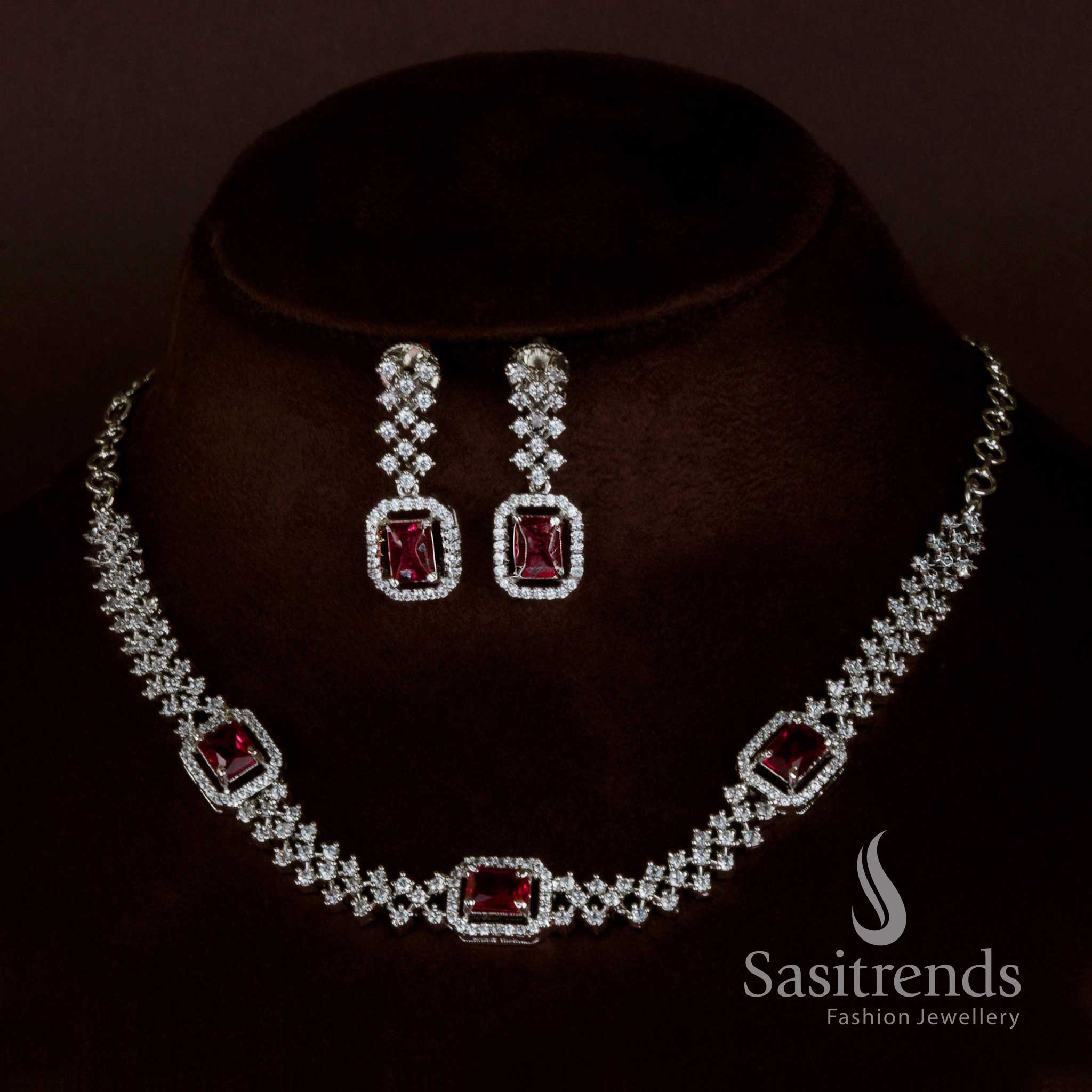 Bold Red Elegance: Rhodium Necklace with American Diamond Stones - Party Wear for Women - Shop Online in Style - Sasitrends