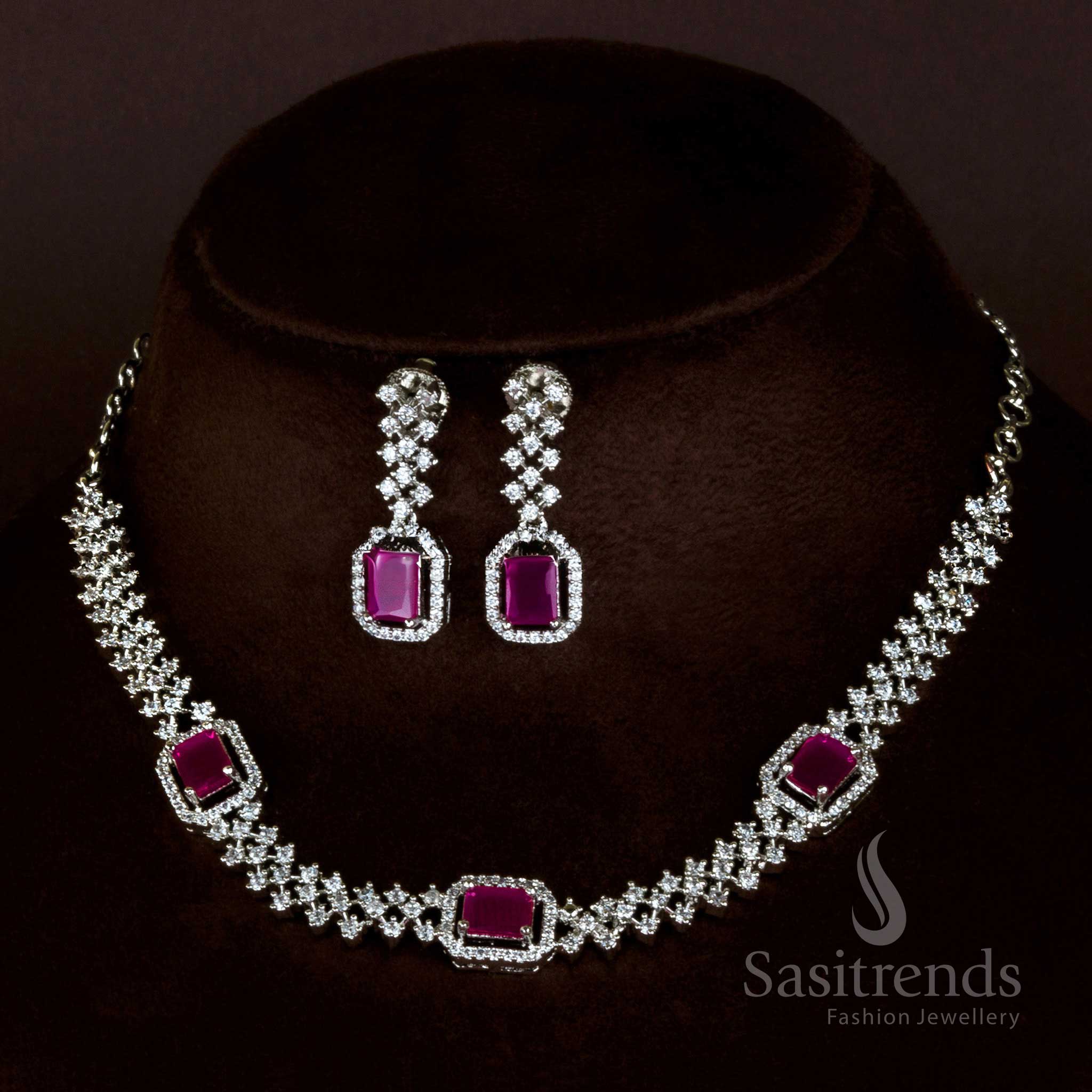 Glamorous Ruby Rhodium Necklace - Party Wear with American Diamond Stones - Women's Fashion Online - Sasitrends