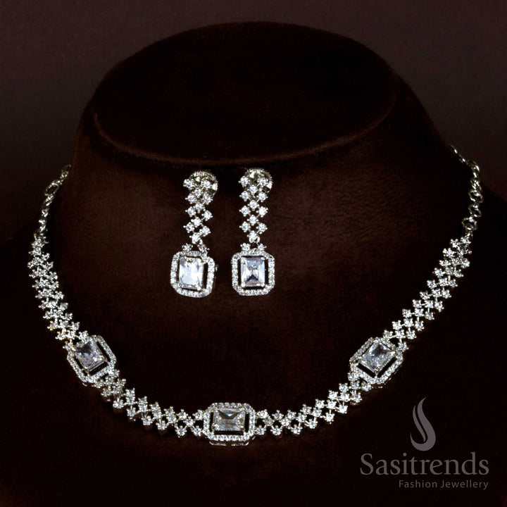 Elegant White Rhodium Necklace - Party Wear Jewelry Set with American Diamond Accents - Women's Fashion Online