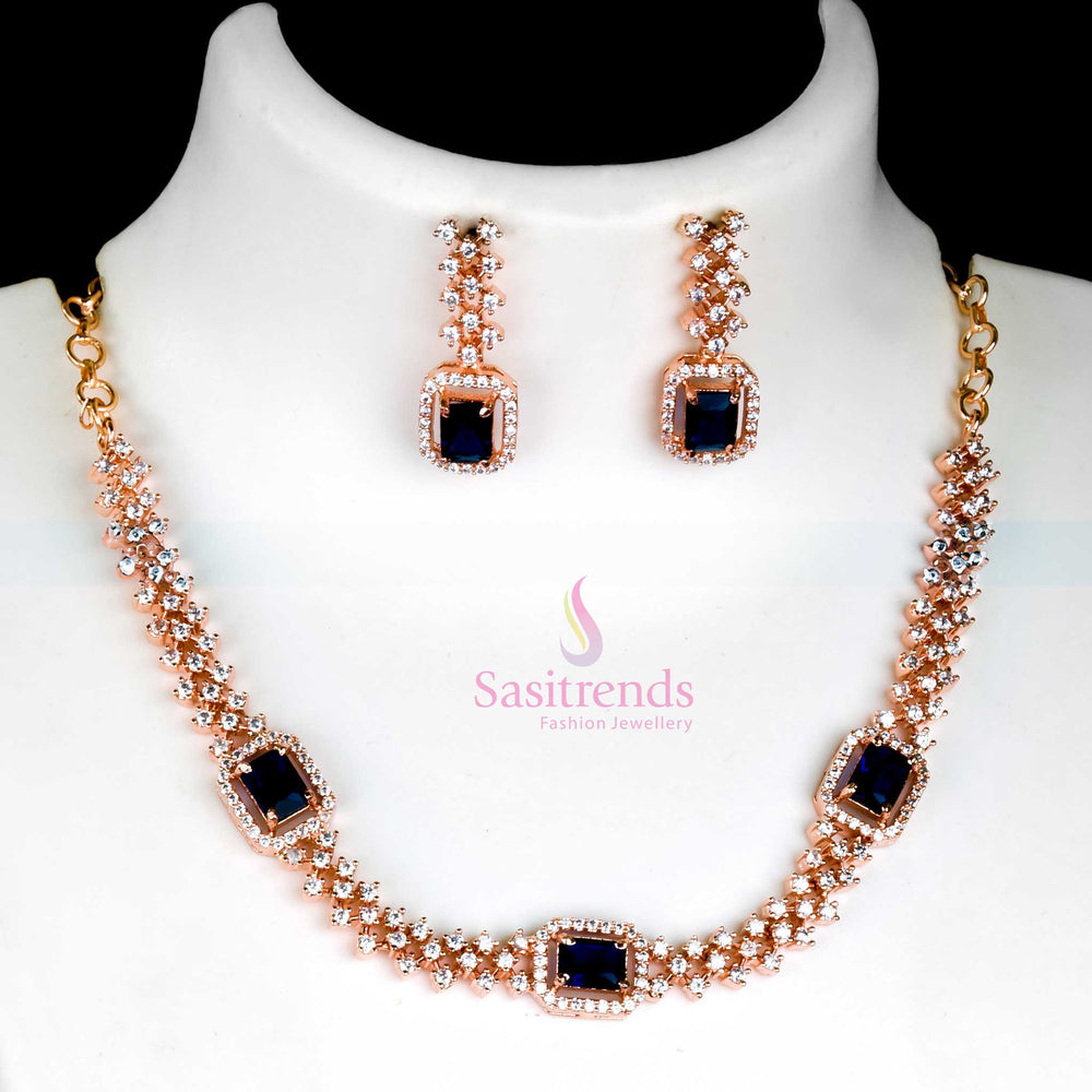 Glamorous Ocean Blue Party Wear Necklace Set with Rose Gold Plating and American Diamond Stones