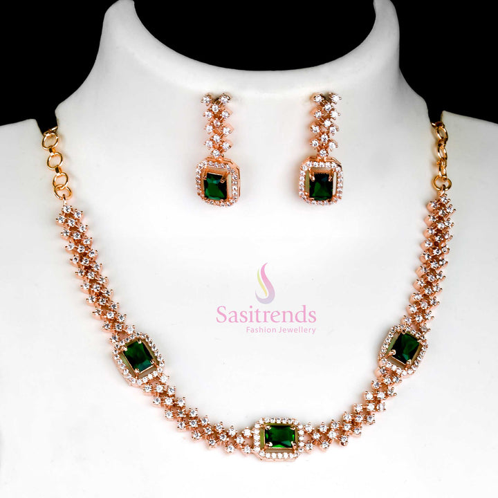 Fashionable Green Party Wear Necklace Set with Rose Gold Plating and American Diamond Stones - Online Shopping for Women - Sasitrends