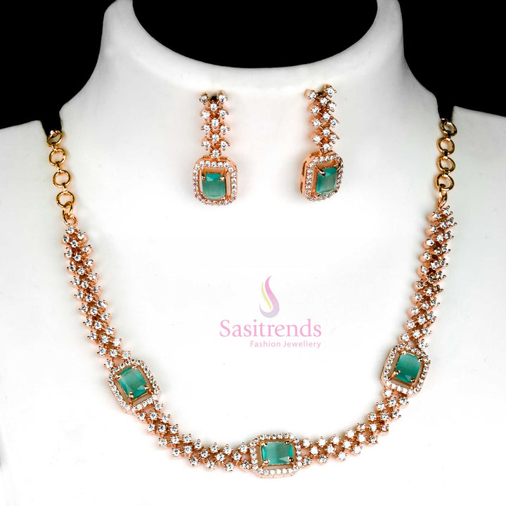 Trendy Mint Green Party Wear Necklace Set with Rose Gold Plating and American Diamond Stones - Sasitrends