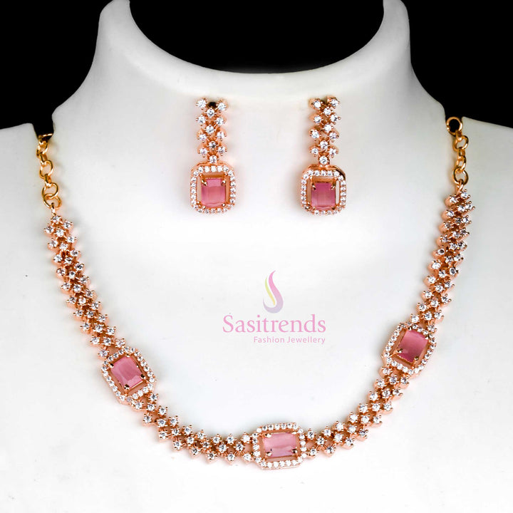 Feminine Pink Party Wear Necklace Set with Rose Gold Plating and American Diamond Stones - Sasitrends