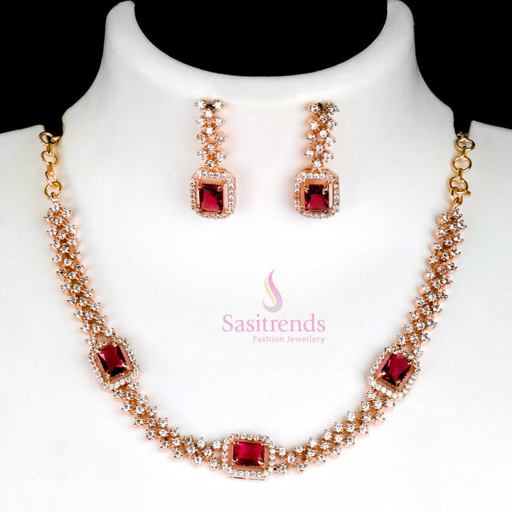 Bold Red Party Wear Necklace Set with Rose Gold Plating and American Diamond Stones - Online Shopping for Women - Sasitrends