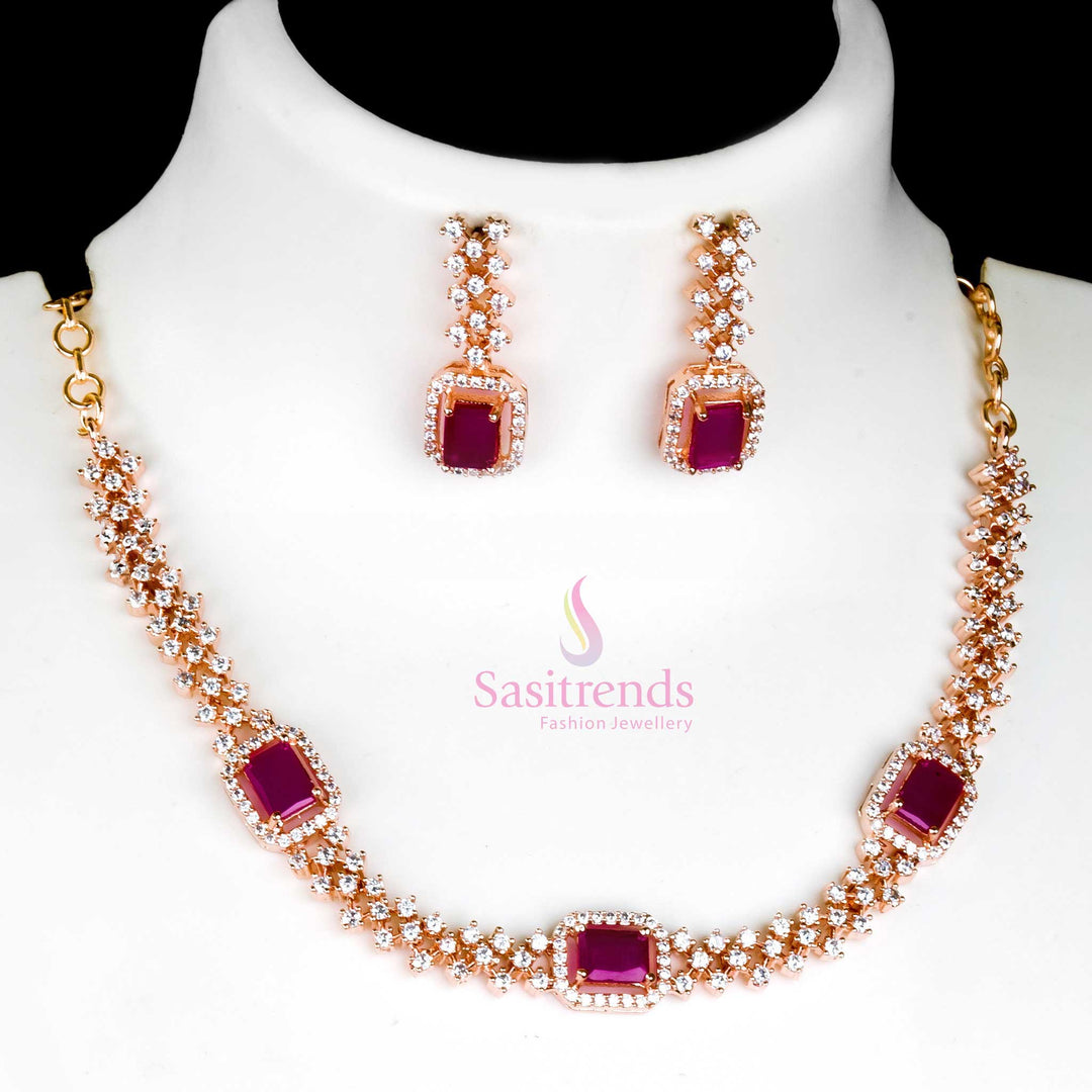 Regal Ruby Red Party Wear Necklace Set with Rose Gold Plating and American Diamond Stones 
