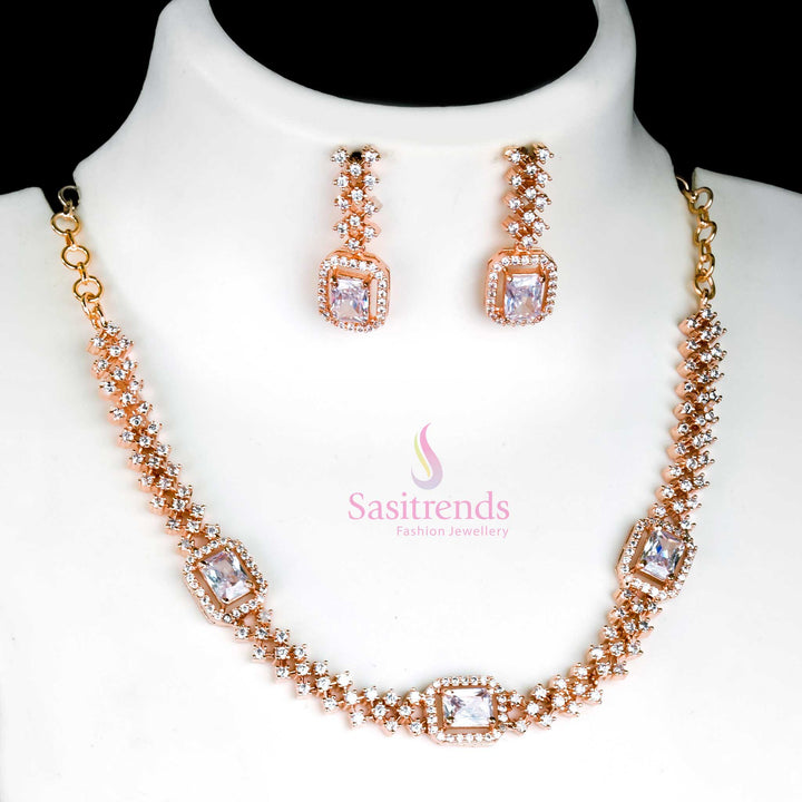 Classic White Party Wear Necklace Set with Rose Gold Plating and American Diamond Stones - Sasitrends