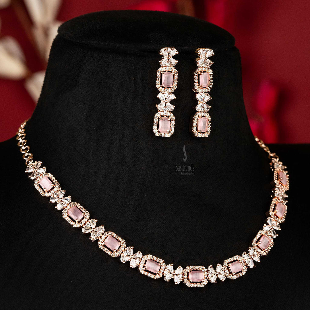 Elegant Party Wear Rose Gold Plated American Diamond Necklace Jewellery Set Sasitrends