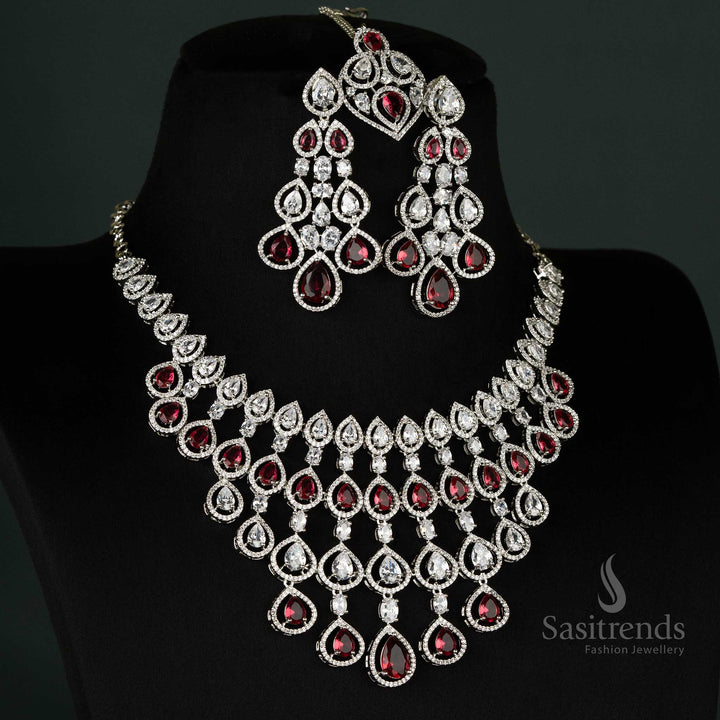 Exquisite American Diamond Rhodium-Plated Bridal Necklace Jewellery Set