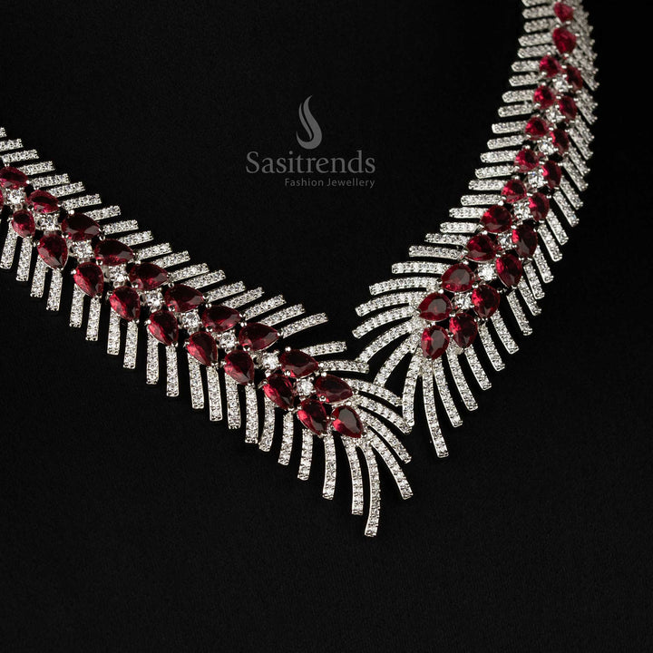 Elegant red rhodium-plated jewellery ensemble featuring sparkling American diamonds, designed for special ceremonies and timeless elegance - Sasitrends