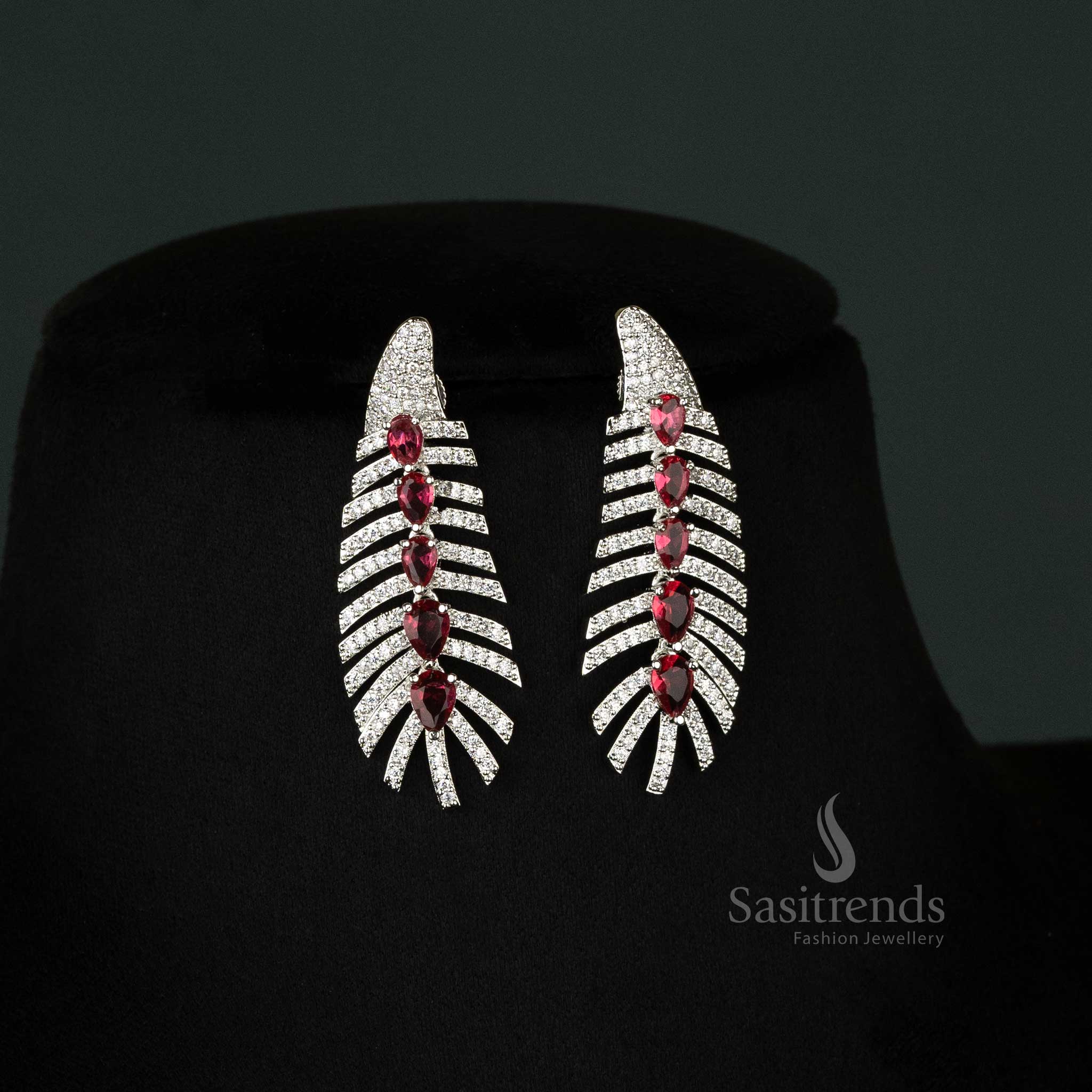 Gorgeous red American diamond jewellery set in rhodium silver plating, perfect for festive glamour and stylish celebrations - Sasitrends
