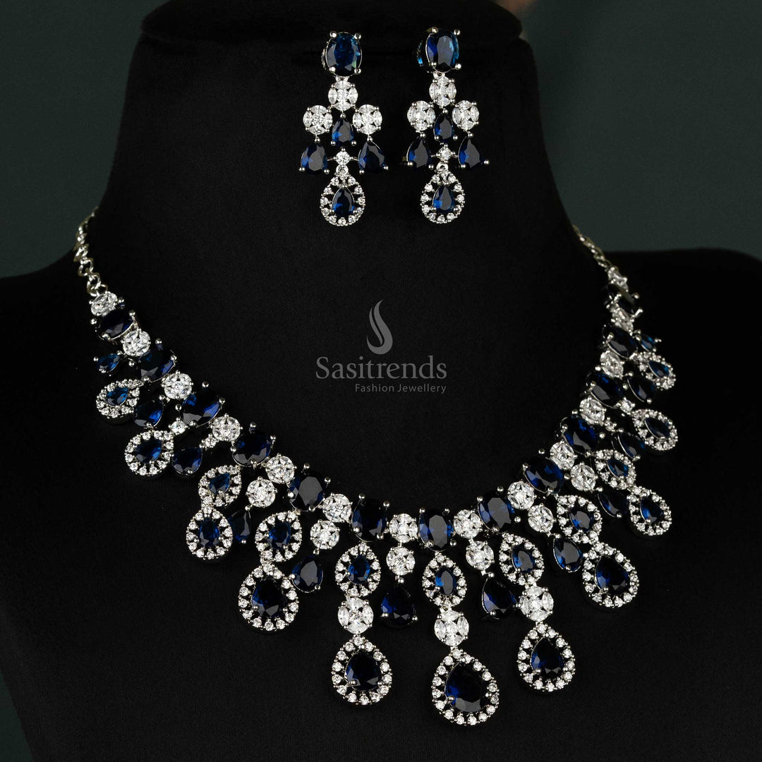 Blue Diamond Choker Necklace Gorgeous Rhodium Silver-Plated
