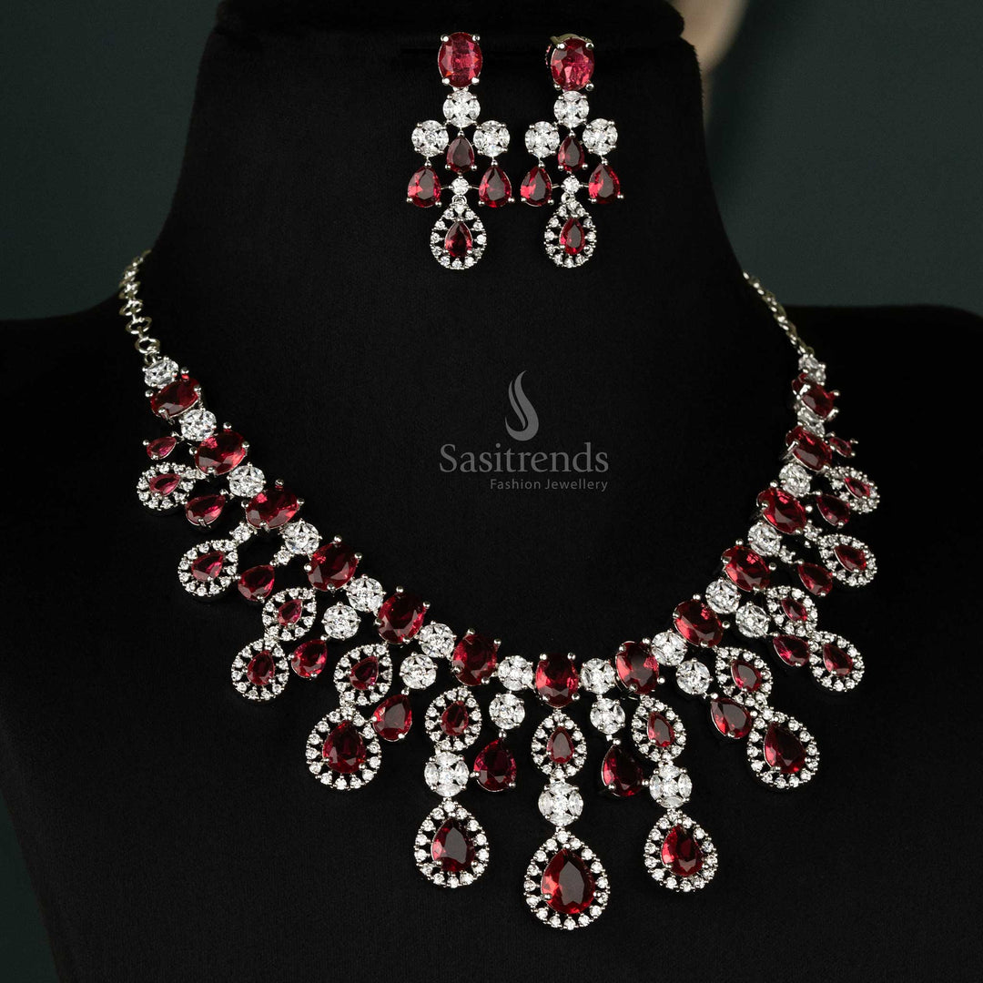 Gorgeous Rhodium Silver-Plated American Diamond Stone Choker Necklace Jewellery Set For Bridal Wear Sasitrends