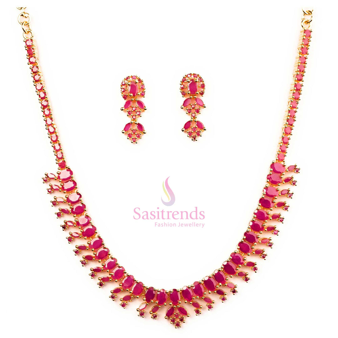 Stunning ruby gold plated jewellery set featuring American diamond embellishments, designed as a premium ethnic statement piece - Sasitrends