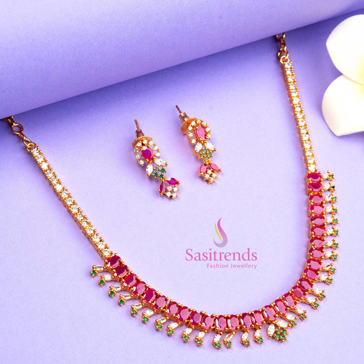 Elegant micro gold plated jewellery set with multi-colour stones and American Diamond details, a grand festive design crafted for vibrant ethnic styling - Sasitrends