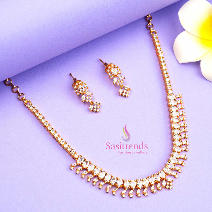 Stunning micro gold plated jewellery set in luminous white stones with sparkling American Diamond highlights, perfect for classic party wear elegance - Sasitrends