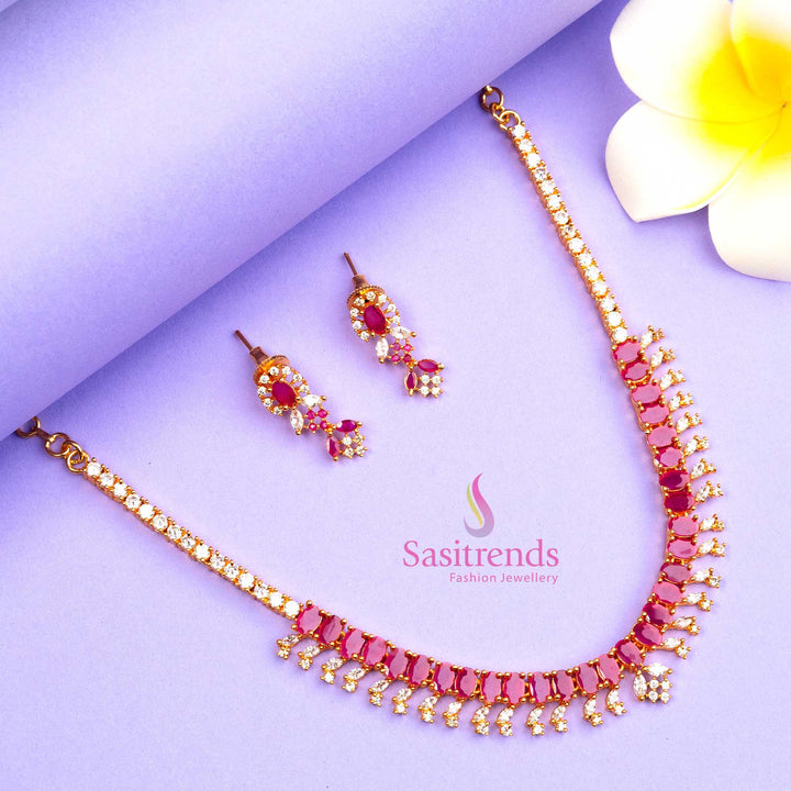 Classic white and ruby micro gold plated jewellery set with intricate American Diamond accents, a party wear design radiating timeless beauty - Sasitrends