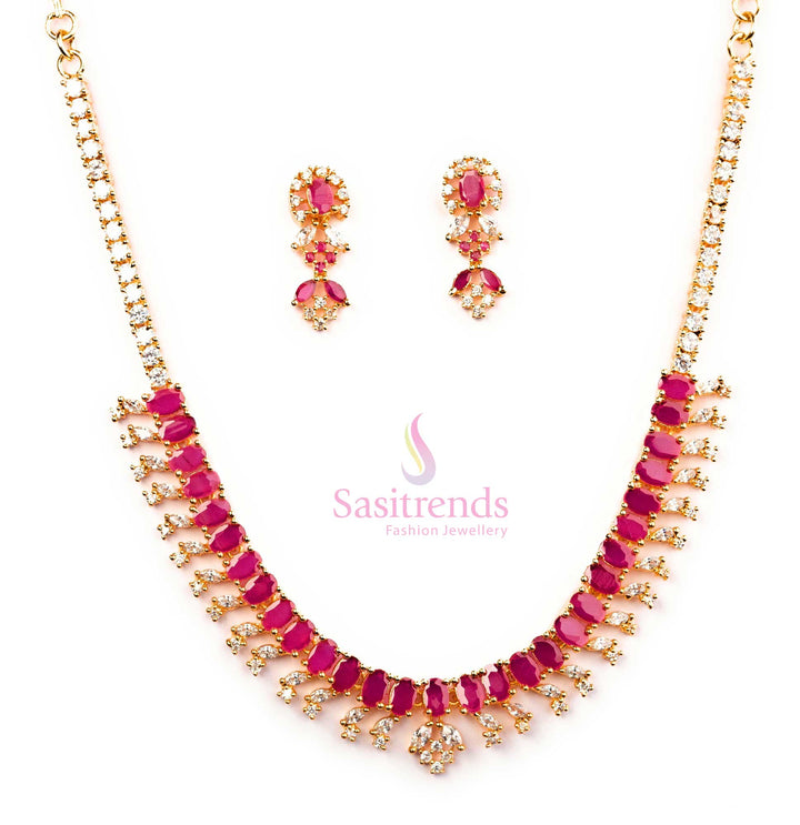 Elegant white and ruby jewellery set with micro gold plating, an exclusive bridal piece with American diamond accents and a royal look - Sasitrends