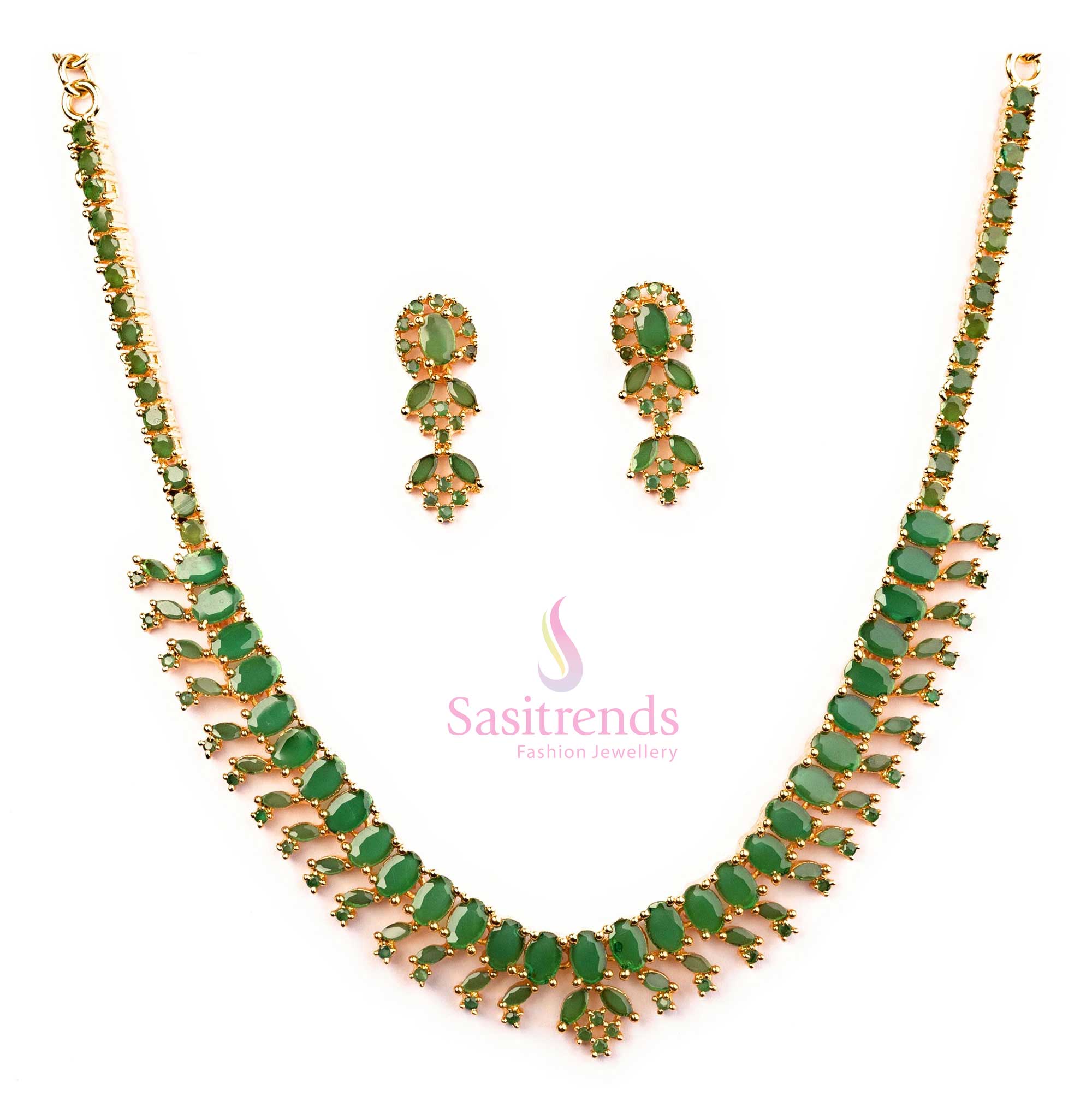 Traditional micro gold plated green jewellery set with American diamond accents, exuding handcrafted bridal elegance and beauty - Sasitrends