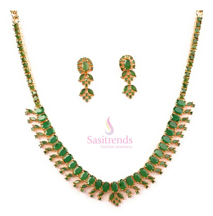 Traditional micro gold plated green jewellery set with American diamond accents, exuding handcrafted bridal elegance and beauty - Sasitrends