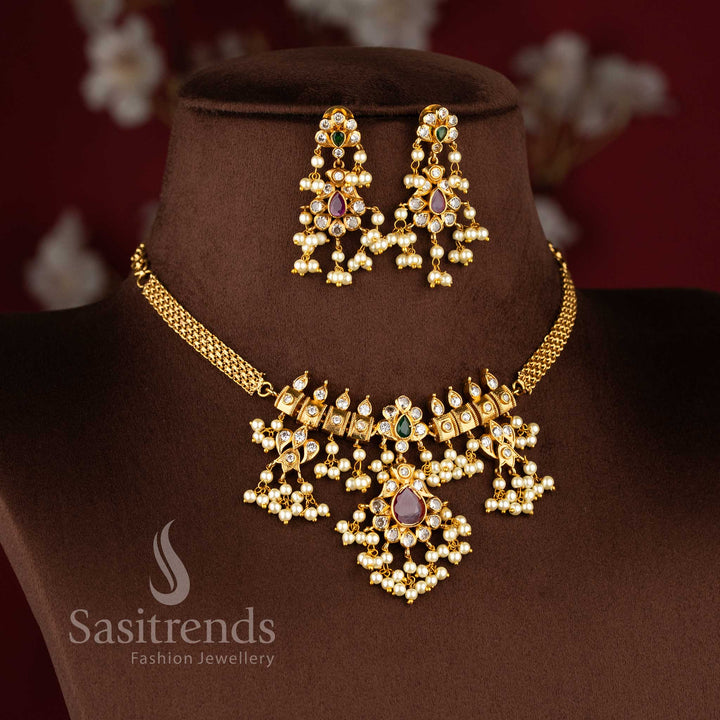 Trendy Temple Matte Gold Plated Guttapusalu Choker Necklace Jewellery Set with Ruby Pendant and Pearl Fringes | Sasitrends