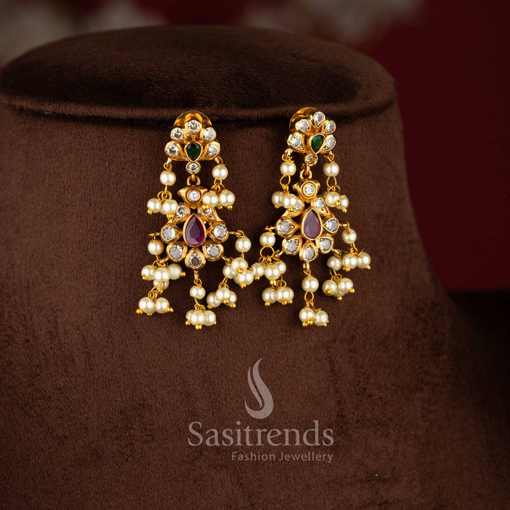 South Indian temple jewellery guttapusalu choker set with pearls and central ruby pendant.