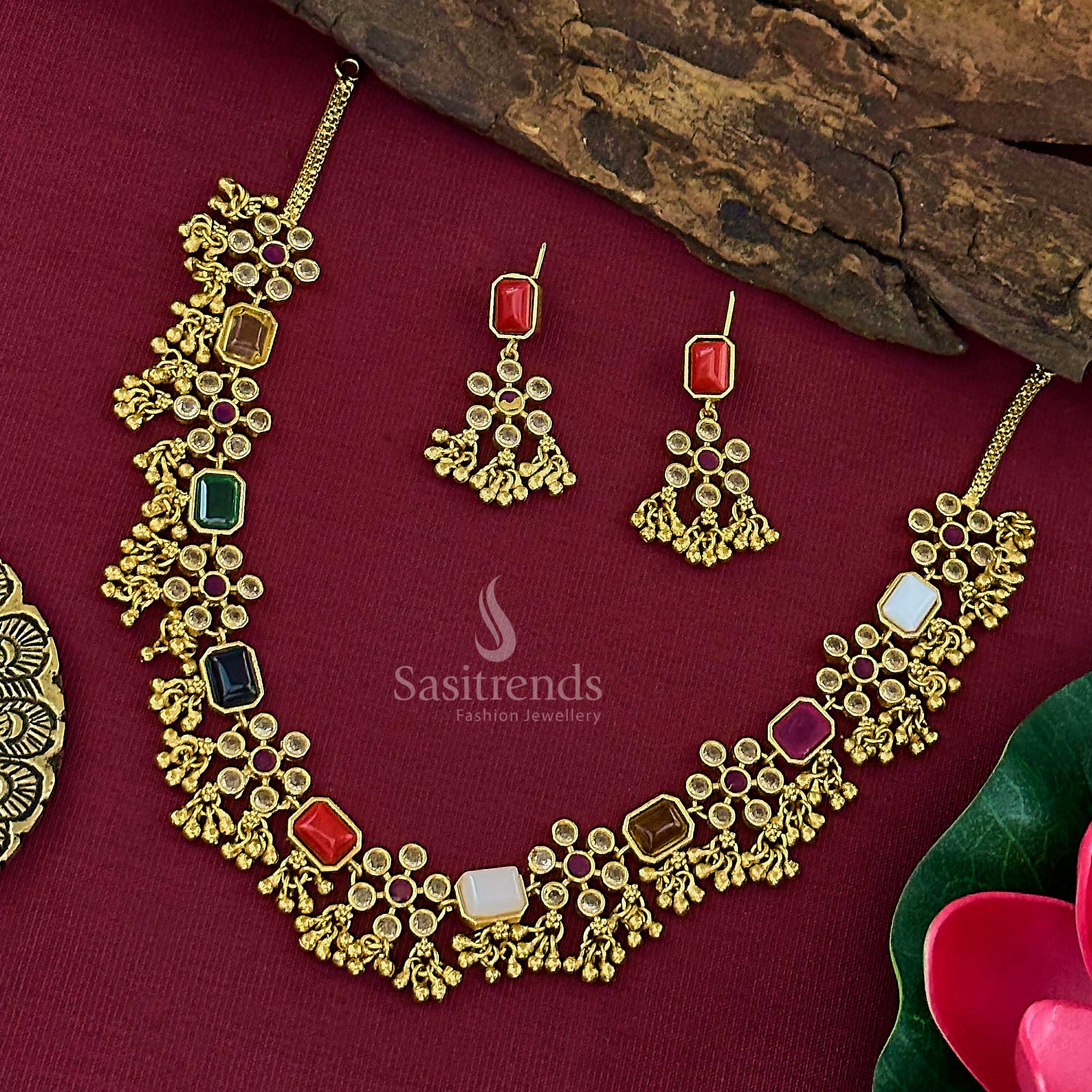 Traditional Temple Matte Gold Plated Navarathna AD Floral Jewellery Set With Vibrant Gemstones And Cultural Design – A Divine Celebration Of Nine Sacred Stones Adorned With Floral Artistry And Heritage Elegance – Sasitrends